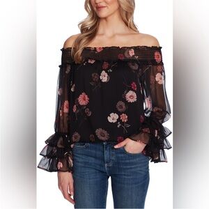 New CeCe Black Floral Off Shoulder Smocked Blouse Ruffle Sleeve Size Small